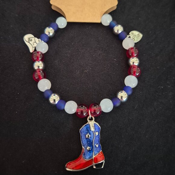 Americana Western Hat Band Beaded Red White Blue with Boot Pendant - Picture 3 of 4